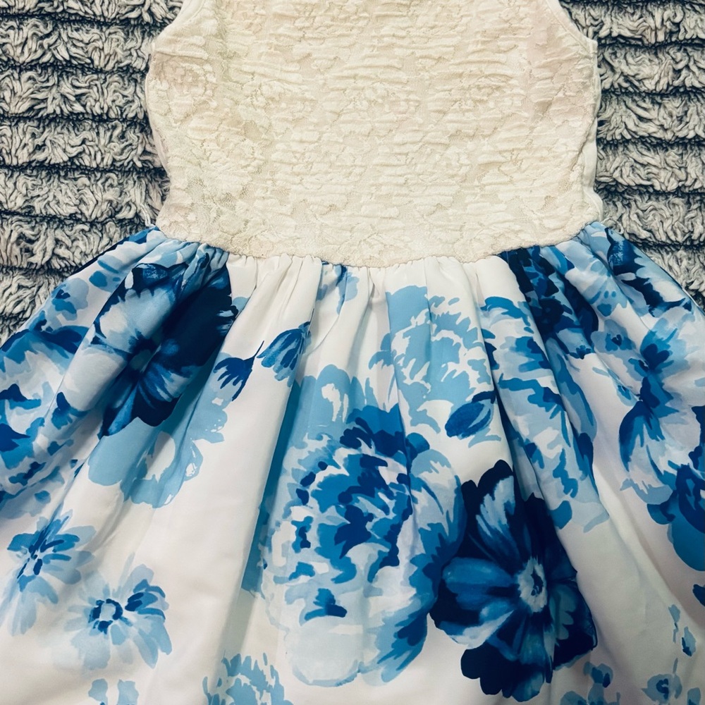 Place blue & white flowery dress Cream Textured Top